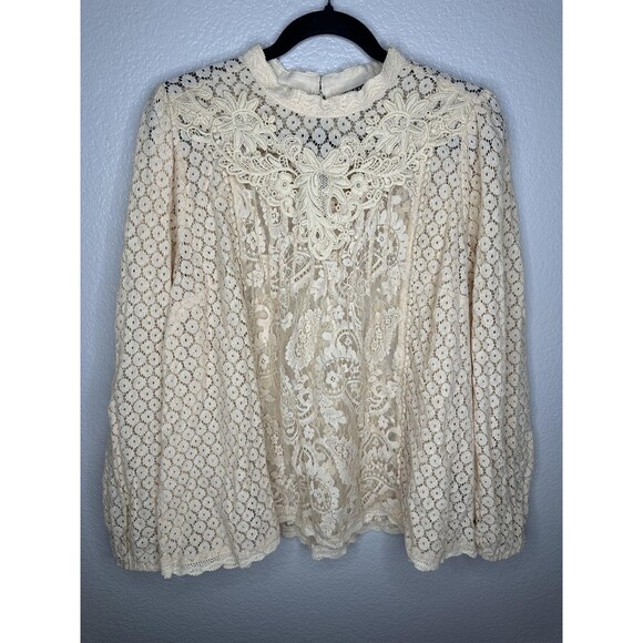Torrid Shirt Womens 1X Plus Ivory Lace High Neck Long Sleeve Sheer Boho Blouse - Picture 1 of 8